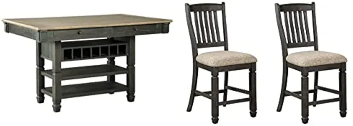 Signature Design by Ashley Tyler Creek Farmhouse 36" Counter Height Dining Table with Wine Rack, Amost Black & Tyler Creek Farmhouse 24.38" Counter Height Upholstered Barstool, Set of 2, Almost Black