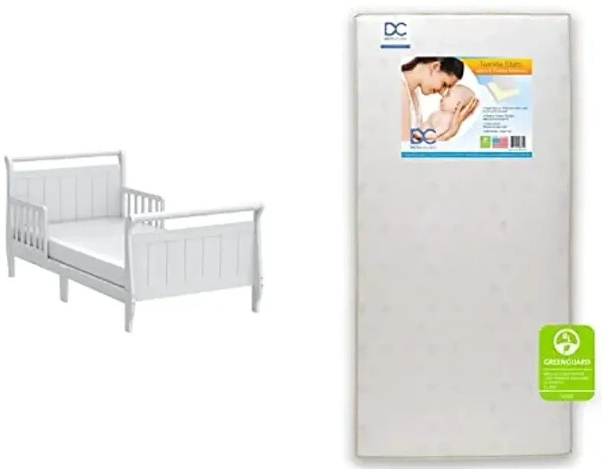 Delta Children Wood Toddler Bed Sleigh, Crib, White & Twinkle Stars Dual Sided - Premium Sustainably Sourced Fiber Core Crib and Toddler Mattress - Waterproof - GREENGUARD Gold Certified (Non-Toxic)