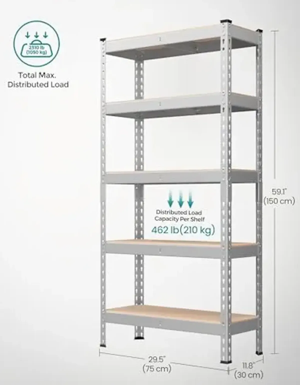 SONGMICS 5-Tier Storage Shelves, Load 2310 lb, Set of 2 Garage Storage, Boltless Assembly, Adjustable Shelving Unit, 11.8 x 29.5 x 59.1 Inches, for Study Shed Basement, Silver UGLR300E02