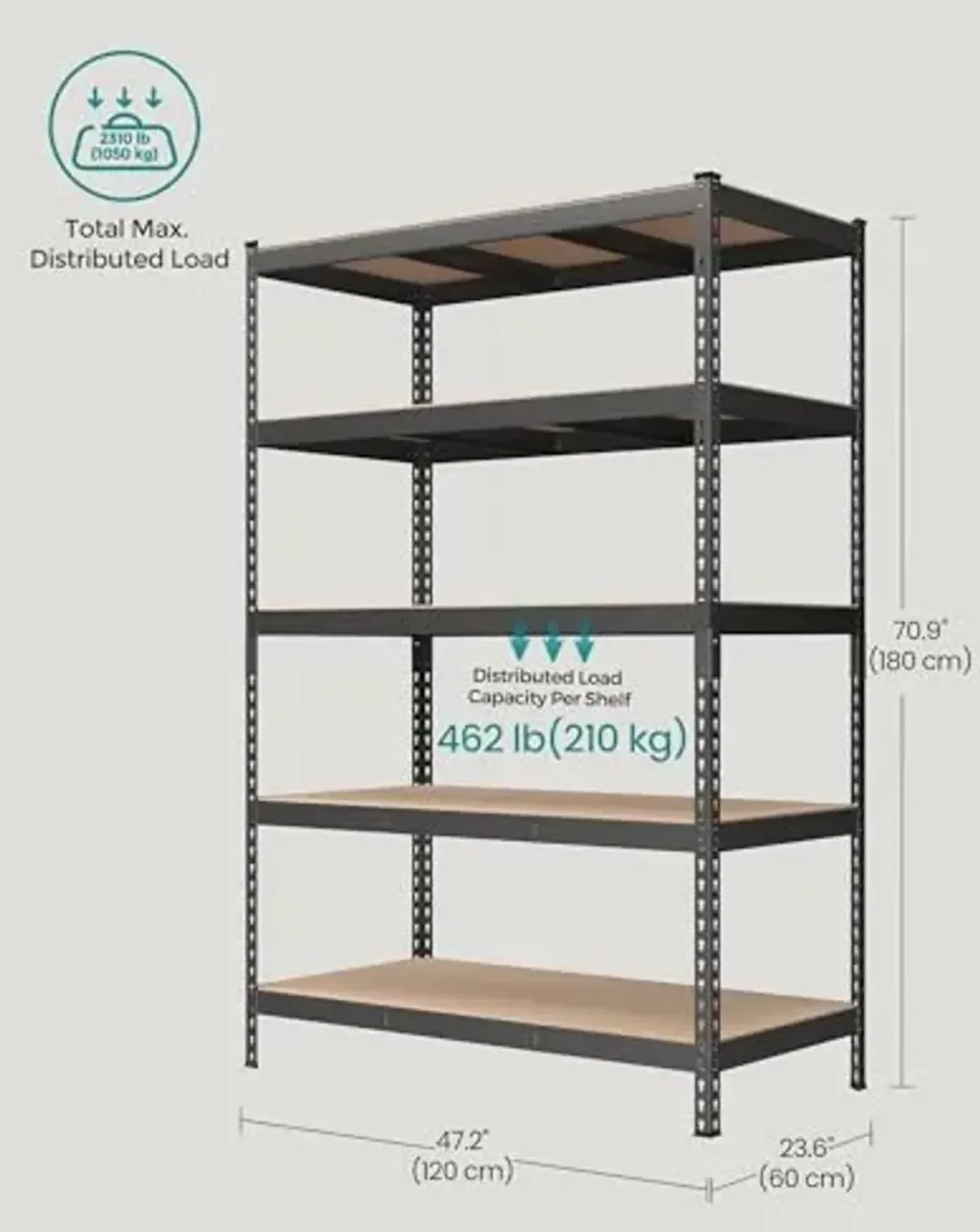 SONGMICS 5-Tier Storage Shelves, Load 2310 lb, Set of 2 Garage Storage, Boltless Assembly, Adjustable Shelving Unit, 23.6 x 47.2 x 70.9 Inches, for Study Shed Basement, Gray UGLR600G02