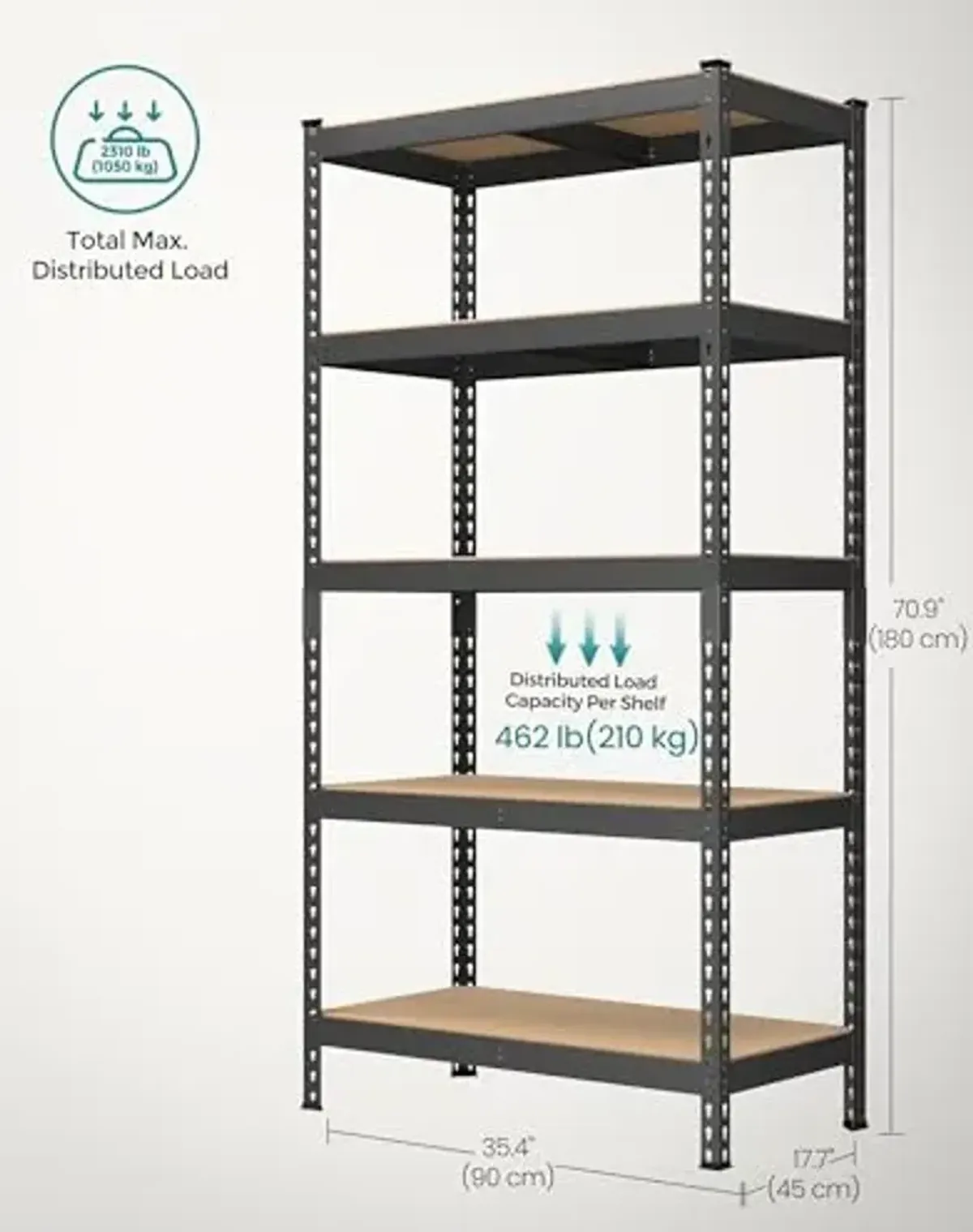 SONGMICS 5-Tier Storage Shelves, Load 2310 lb, Set of 2 Garage Storage, Boltless Assembly, Adjustable Shelving Unit, 17.7 x 35.4 x 70.9 Inches, for Study Shed Basement, Black UGLR450B02