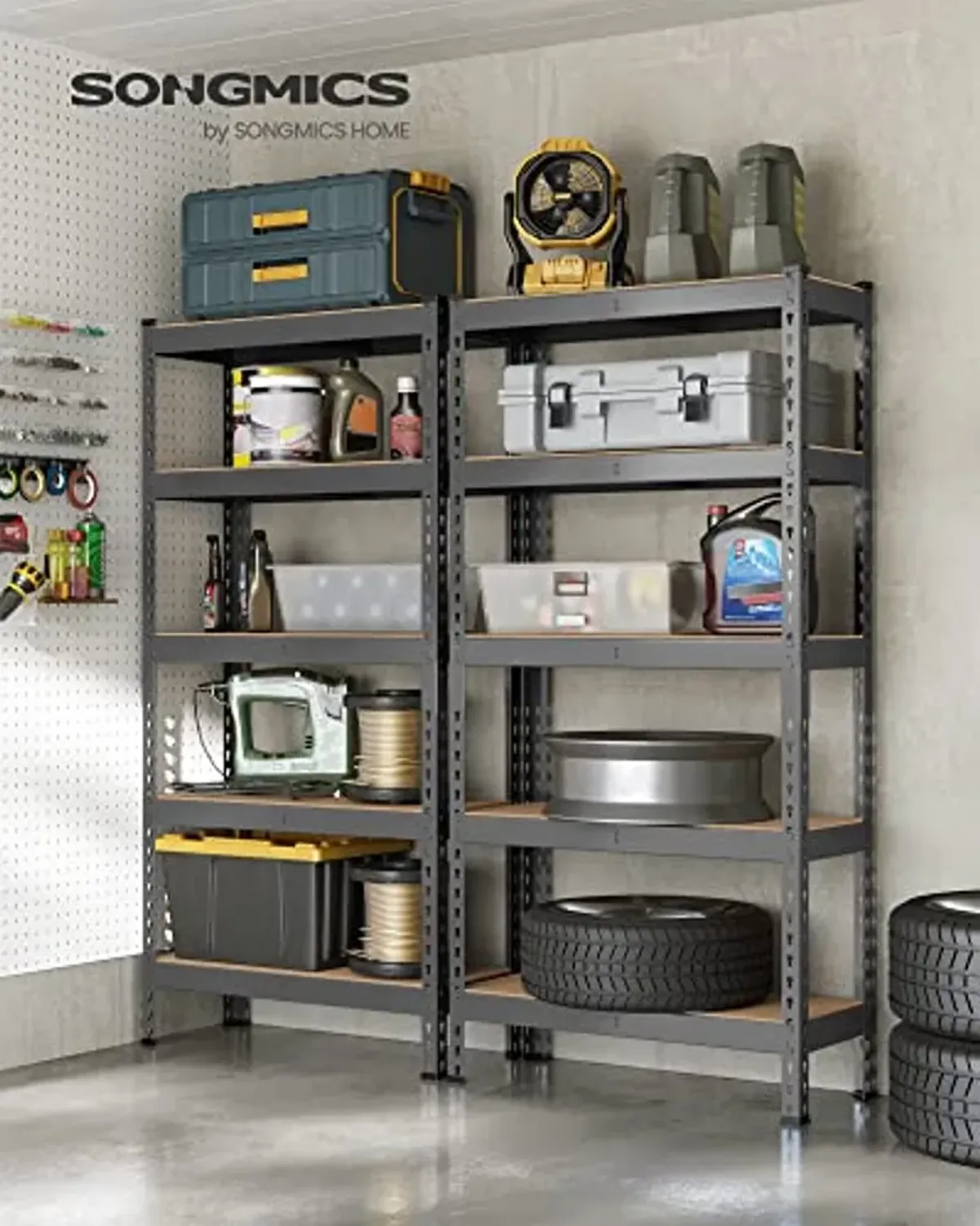 SONGMICS 5-Tier Storage Shelves, Set of 2 Garage Storage, Boltless Assembly, Adjustable Shelving Units, 11.8 x 29.5 x 59.1 Inches, Load 1929 lb Each, Shed Warehouse Basement, Gray UGLR300G02