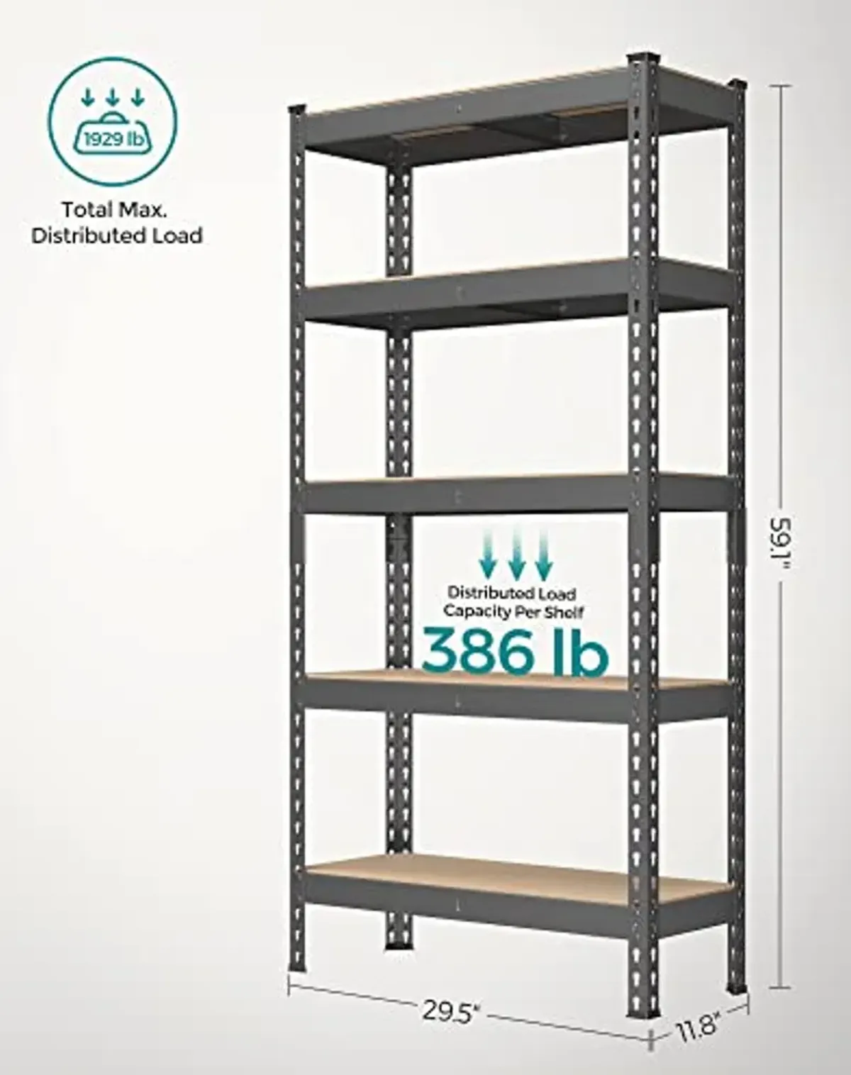 SONGMICS 5-Tier Storage Shelves, Set of 2 Garage Storage, Boltless Assembly, Adjustable Shelving Units, 11.8 x 29.5 x 59.1 Inches, Load 1929 lb Each, Shed Warehouse Basement, Gray UGLR300G02