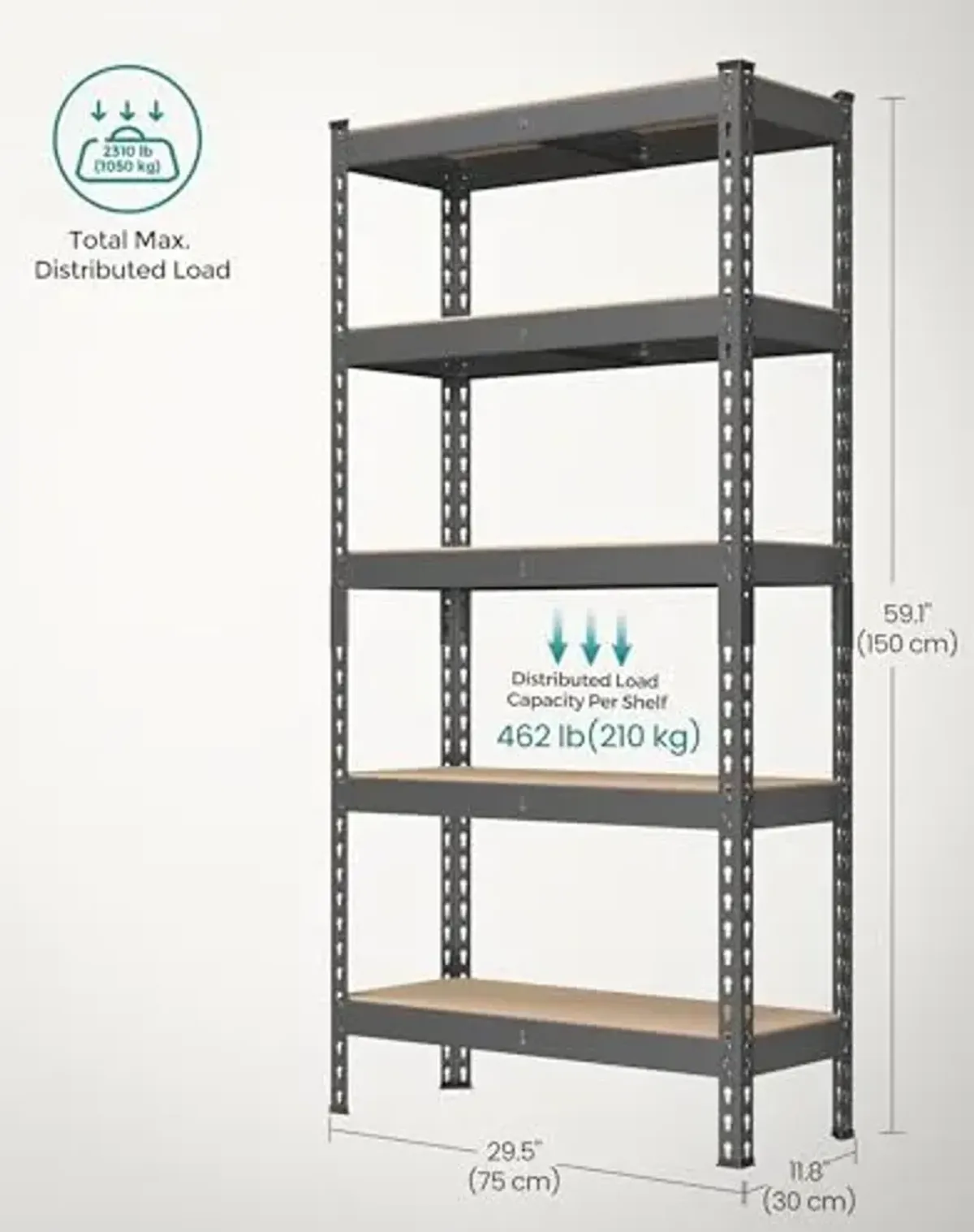 SONGMICS 5-Tier Storage Shelves, Load 2310 lb, Set of 2 Garage Storage, Boltless Assembly, Adjustable Shelving Unit, 11.8 x 29.5 x 59.1 Inches, for Study Shed Basement, Gray UGLR300G02