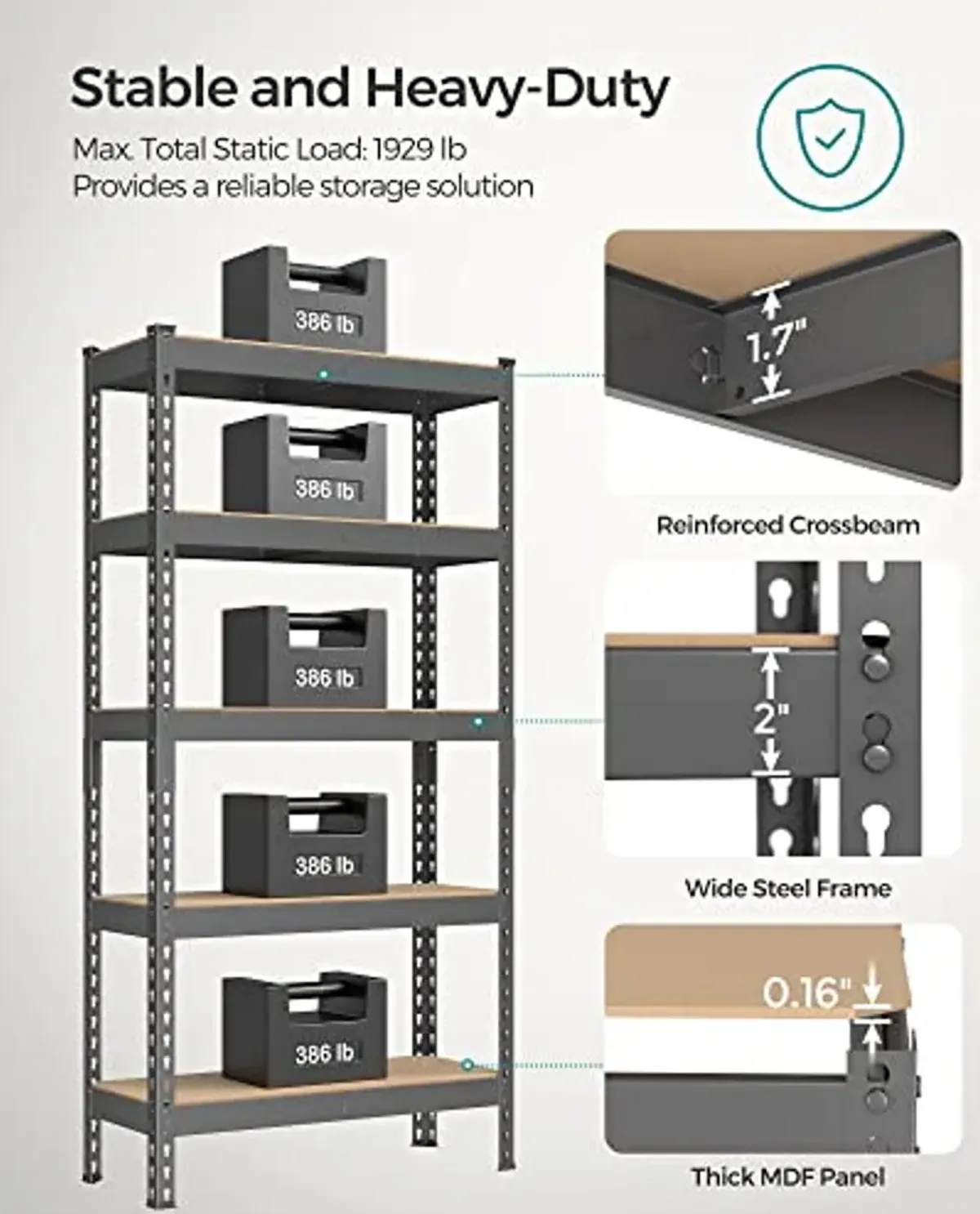 SONGMICS 5-Tier Storage Shelves, Set of 2 Garage Storage, Boltless Assembly, Adjustable Shelving Units, 11.8 x 29.5 x 59.1 Inches, Load 1929 lb Each, Shed Warehouse Basement, Gray UGLR300G02