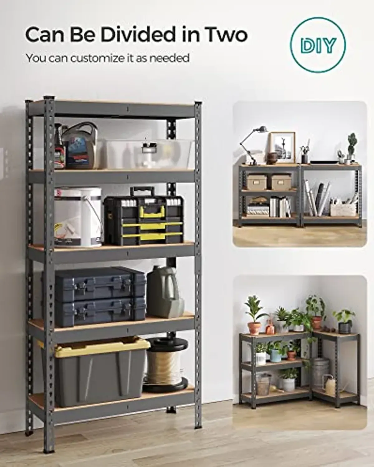 SONGMICS 5-Tier Storage Shelves, Set of 2 Garage Storage, Boltless Assembly, Adjustable Shelving Units, 11.8 x 29.5 x 59.1 Inches, Load 1929 lb Each, Shed Warehouse Basement, Gray UGLR300G02