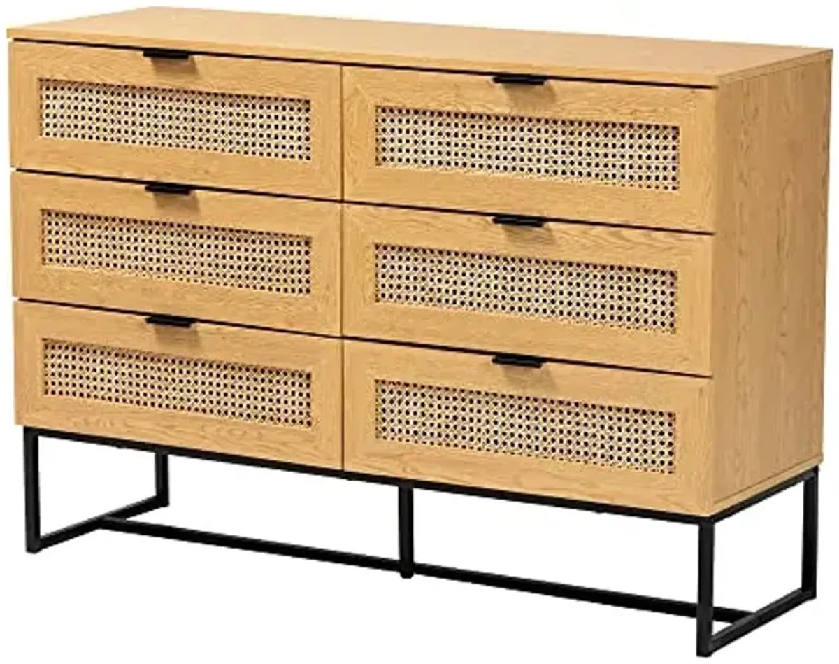 Baxton Studio Sawyer End Table, 6-Drawer, Oak Brown/Black