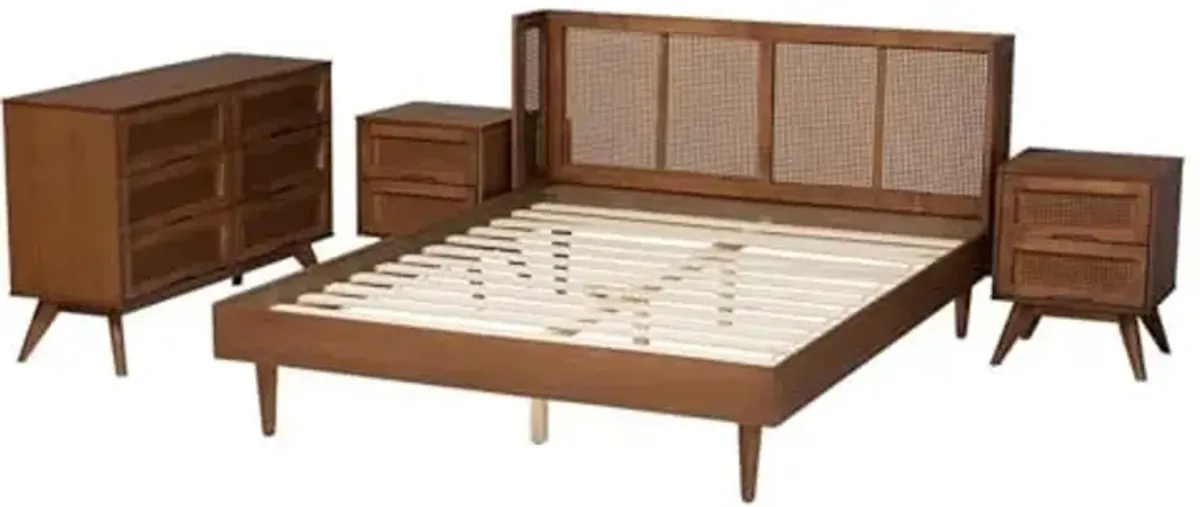 Baxton Studio Rina Ash Walnut Wood 4-Piece Full Size Bedroom Set with Rattan