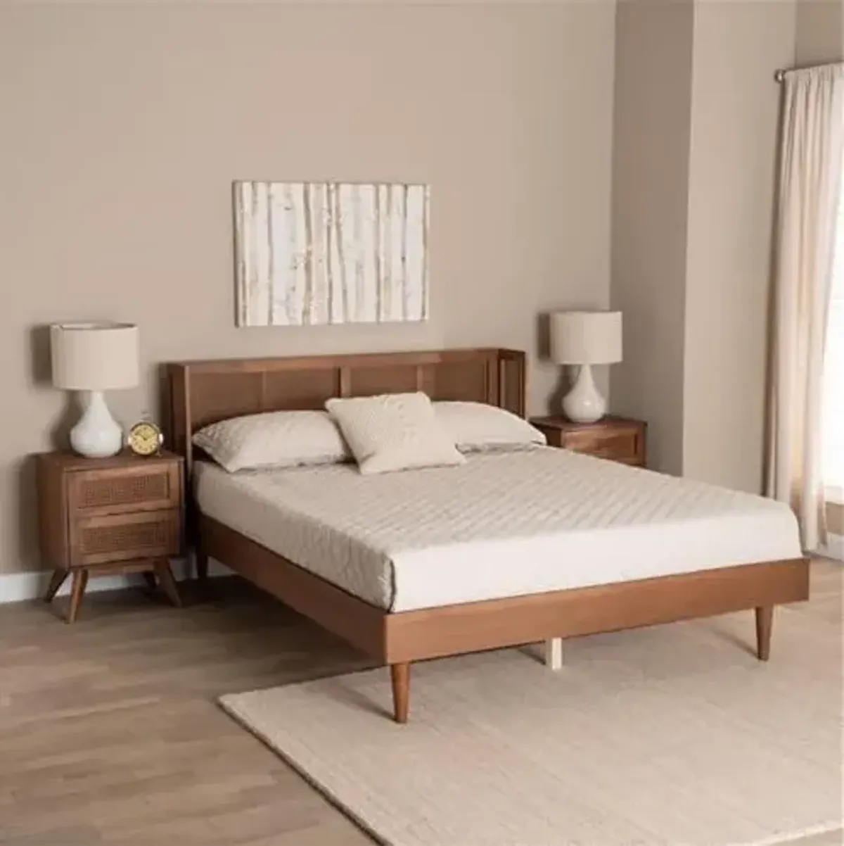 Baxton Studio Rina Ash Walnut Wood 3-Piece King Size Bedroom Set with Rattan