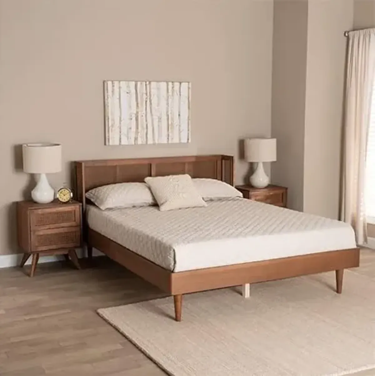 Baxton Studio Rina Ash Walnut Wood 3-Piece Queen Size Bedroom Set with Rattan
