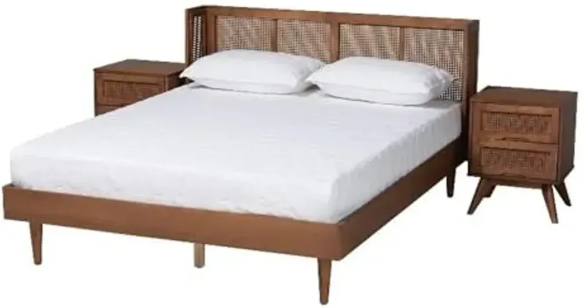Baxton Studio Rina Ash Walnut Wood 3-Piece Queen Size Bedroom Set with Rattan