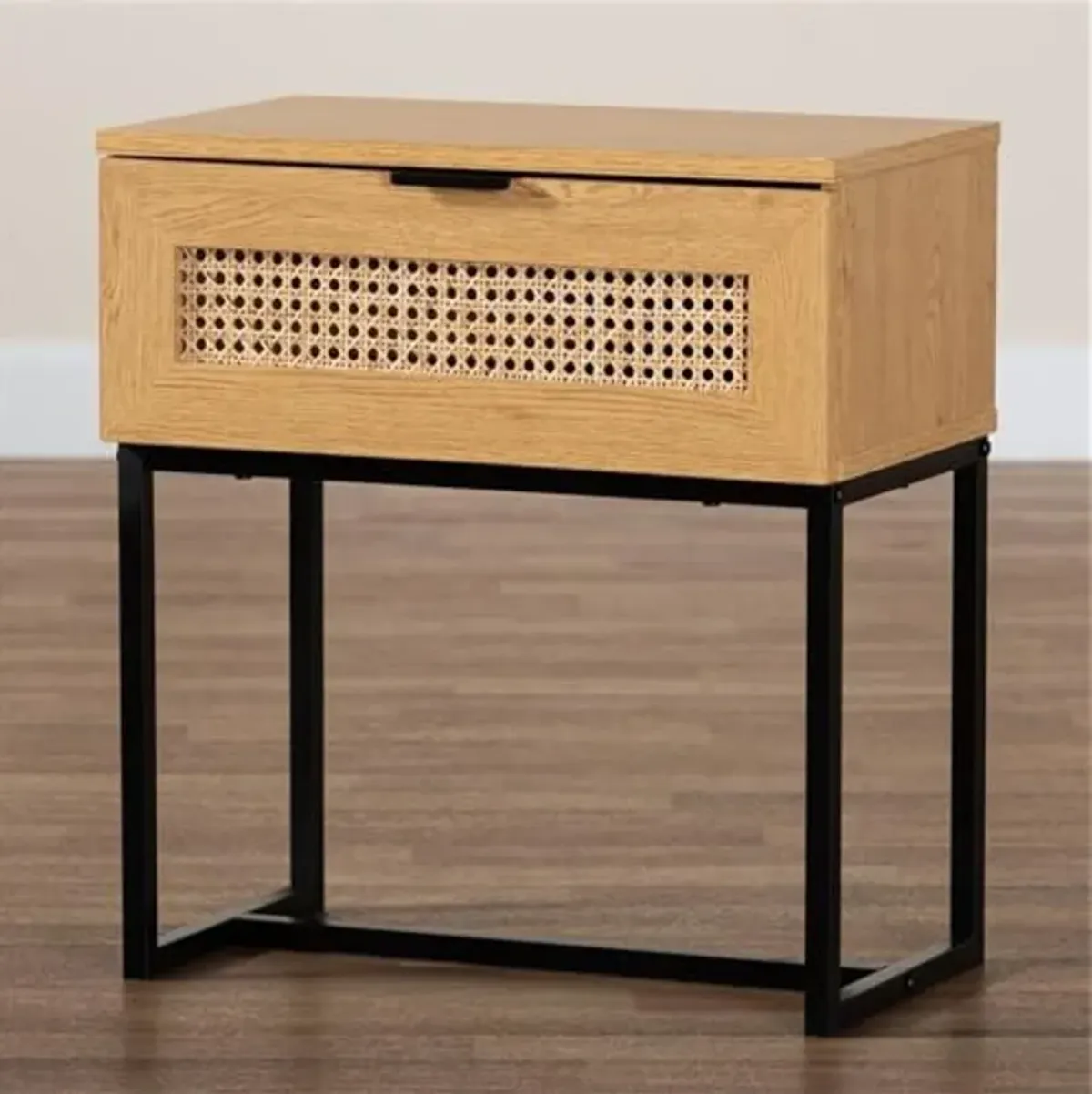 Baxton Studio Sawyer Brown Wood and Black Metal 1-Drawer End Table with Rattan