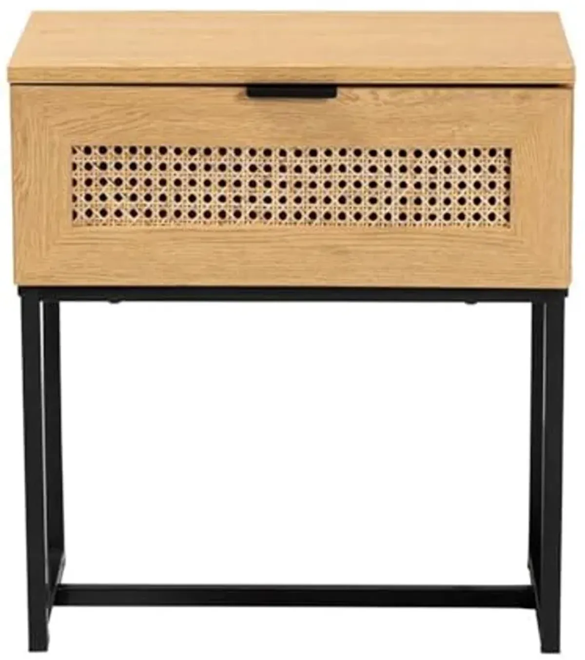 Baxton Studio Sawyer Brown Wood and Black Metal 1-Drawer End Table with Rattan