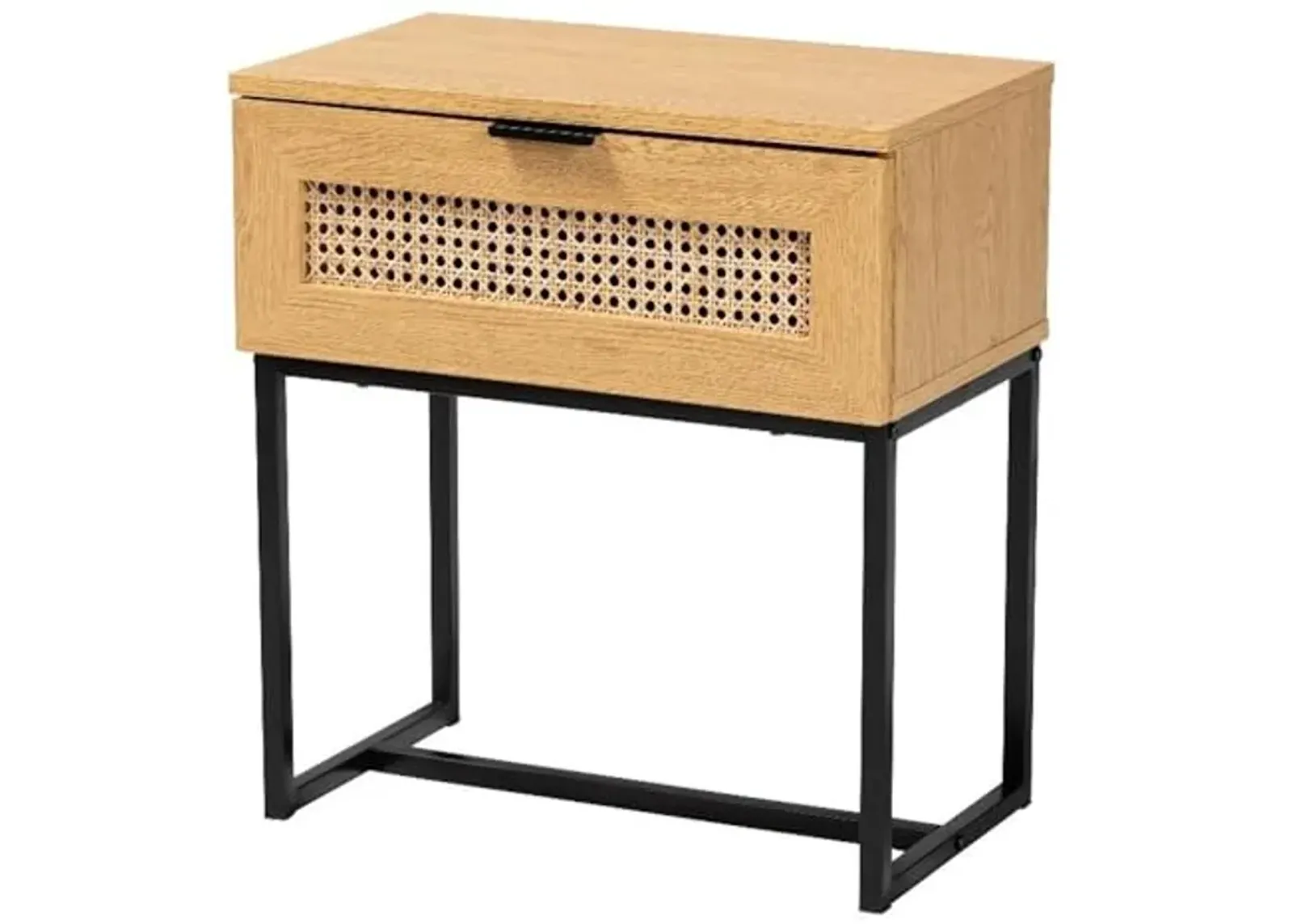 Baxton Studio Sawyer Brown Wood and Black Metal 1-Drawer End Table with Rattan