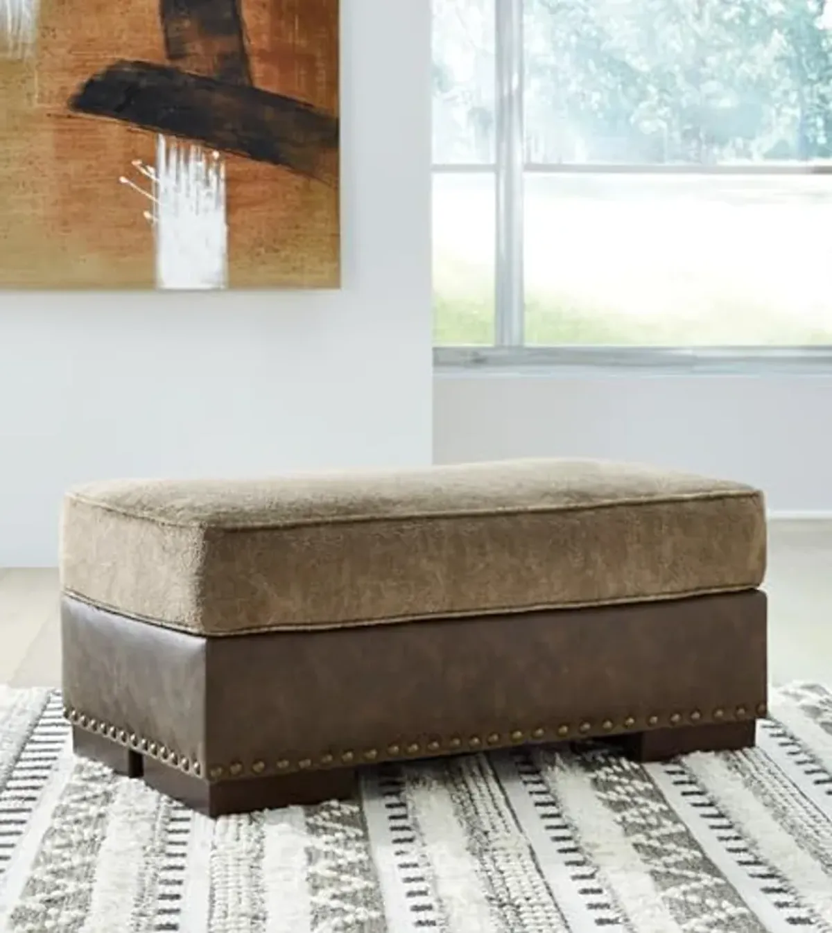 Signature Design by Ashley Alesbury Contemporary Rectangular Ottoman with Nailhead Trim, Light Brown