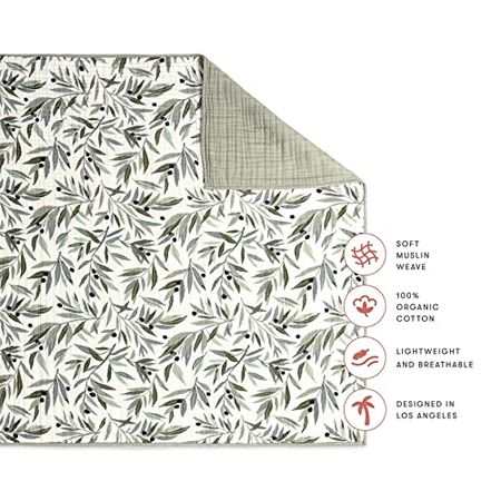 Babyletto 100% Organic Cotton Quilt, GOTS-Certified, 3-Layers of Ultra-Soft and Breathable Muslin - Olive Branches