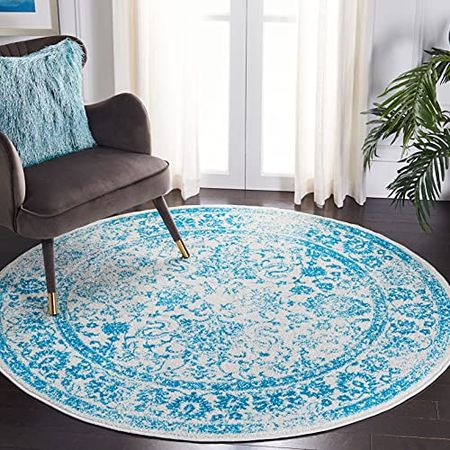 Safavieh Adirondack Collection 4' x 4' Round Ivory/Teal ADR109D Oriental Distressed Non-Shedding Area Rug