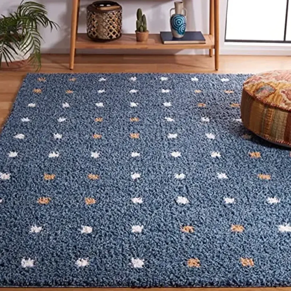 SAFAVIEH Calico Shag Collection Area Rug - 6'7" Square, Blue & Ivory, Polka Dot Design, Non-Shedding & Easy Care, 1.6-inch Thick Ideal for High Traffic Areas in Living Room, Bedroom (CLC102M)