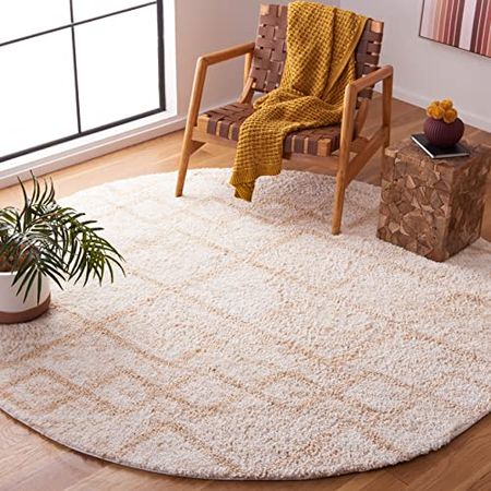Safavieh Berber Shag Collection 7' x 7' Round Ivory/Beige BER572A Moroccan Rustic Boho Non-Shedding 1.25-inch Thick Area Rug