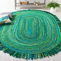 Safavieh Braided Collection 5' x 8' Oval Green BRD451Y Handmade Boho Fringe Reversible Cotton Area Rug