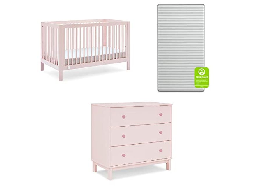 babyGap by Delta Children Charlie 6-in-1 Convertible Crib TrueSleep Crib and Toddler Mattress Legacy 3 Drawer Dresser (Bundle), Blush Pink