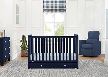 babyGap by Delta Children Graham 4-in-1 Convertible Crib with Storage Drawer TrueSleep Crib and Toddler Mattress (Bundle), Navy/Light Blue