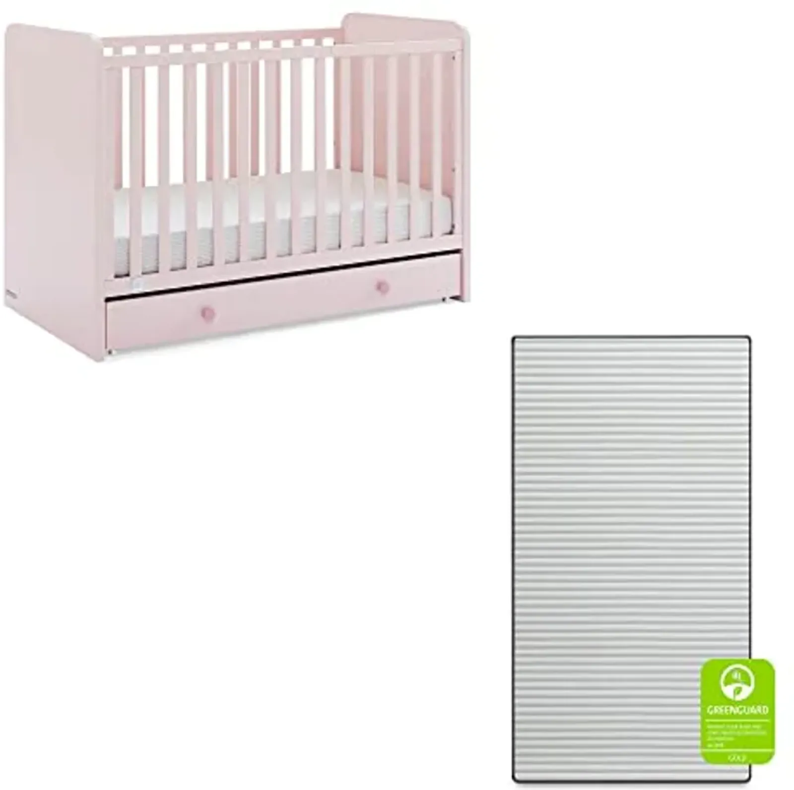 babyGap by Delta Children Graham 4-in-1 Convertible Crib with Storage Drawer TrueSleep Crib and Toddler Mattress (Bundle), Blush Pink/Dark Pink