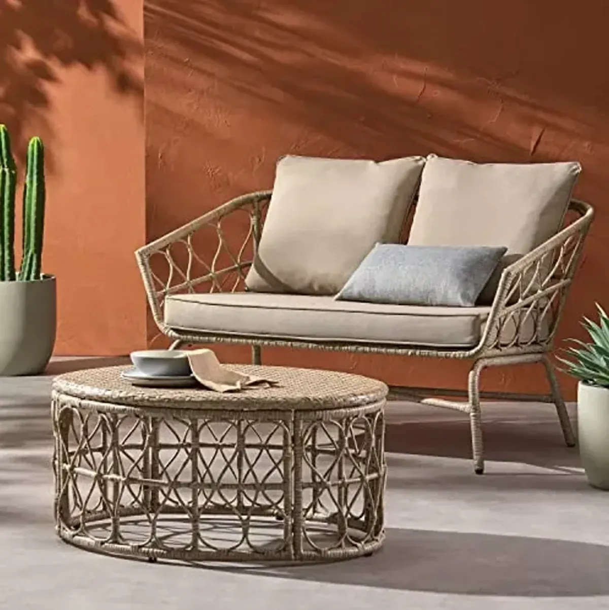 Christopher Knight Home Bruce Outdoor Loveseat and Coffee Table Set - Wicker - Light Brown/Beige