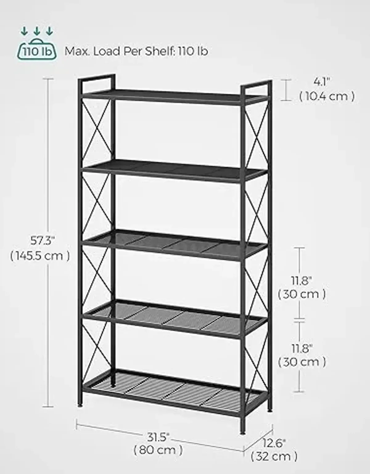 SONGMICS 5-Tier Metal Storage Rack, Shelving Unit with X Side Frames, Dense Mesh, 12.6 x 31.5 x 57.3 Inches, for Entryway, Kitchen, Living Room, Bathroom, Industrial Style, Ink Black UBSC185B01