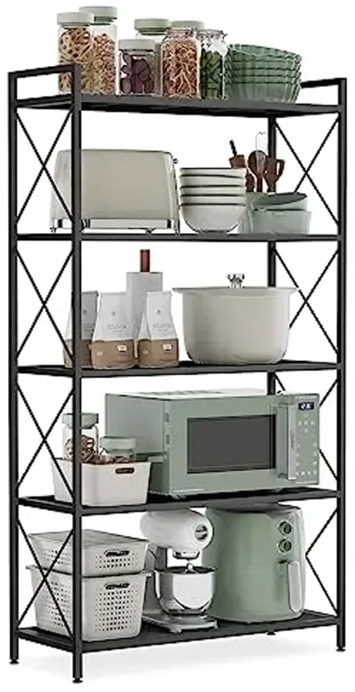 SONGMICS 5-Tier Metal Storage Rack, Shelving Unit with X Side Frames, Dense Mesh, 12.6 x 31.5 x 57.3 Inches, for Entryway, Kitchen, Living Room, Bathroom, Industrial Style, Ink Black UBSC185B01