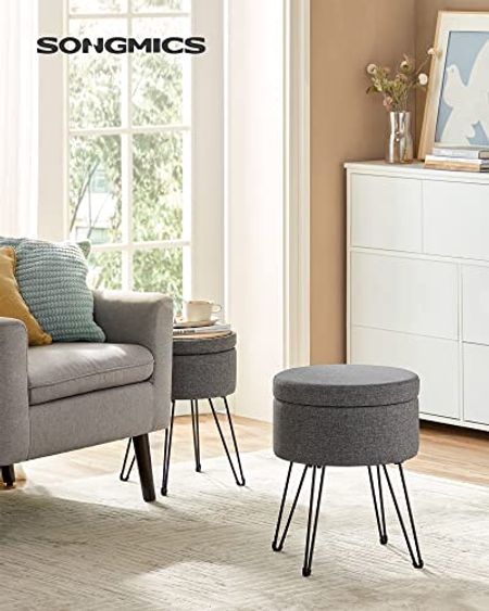 SONGMICS Round Storage Ottoman Bundle, Small Ottoman Stool with Storage, Vanity Chair, Footrest, for Living Room, Bedroom, Dark Gray LOM002G02 and LOM002G01
