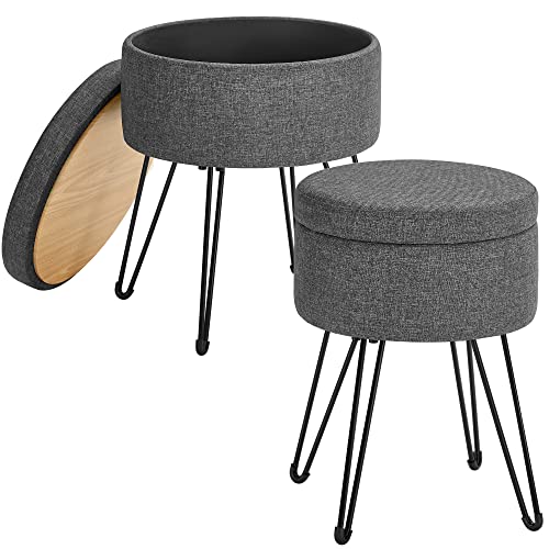 SONGMICS Round Storage Ottoman Bundle, Small Ottoman Stool with Storage, Vanity Chair, Footrest, for Living Room, Bedroom, Dark Gray LOM002G02 and LOM002G01