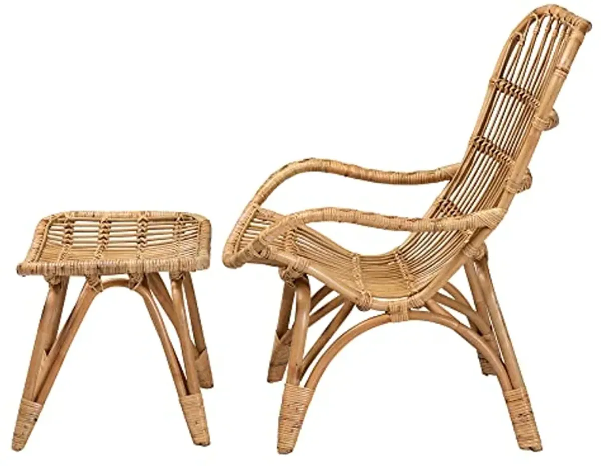 Baxton Studio Earvin Natural Rattan Chair and Footstool, 2-Piece Set