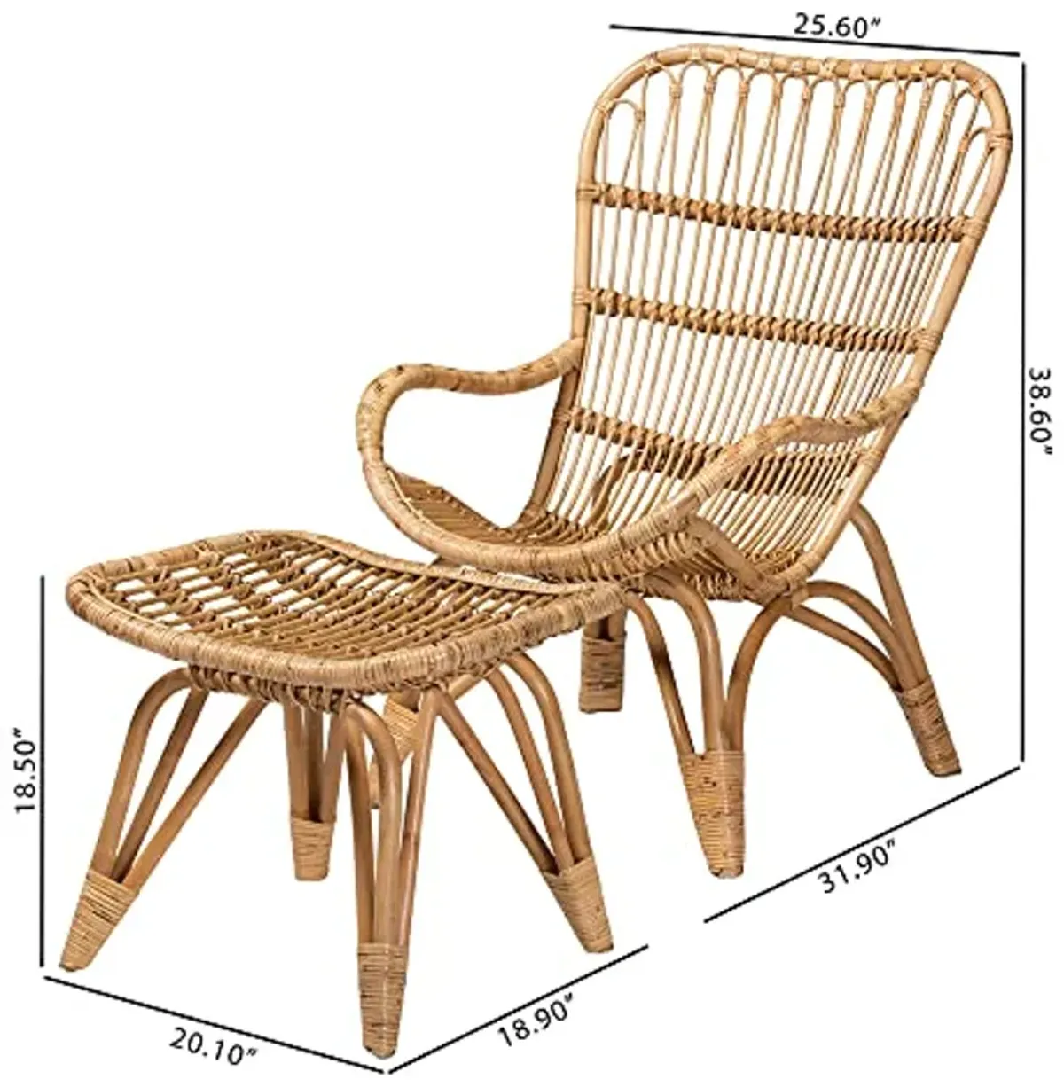 Baxton Studio Earvin Natural Rattan Chair and Footstool, 2-Piece Set