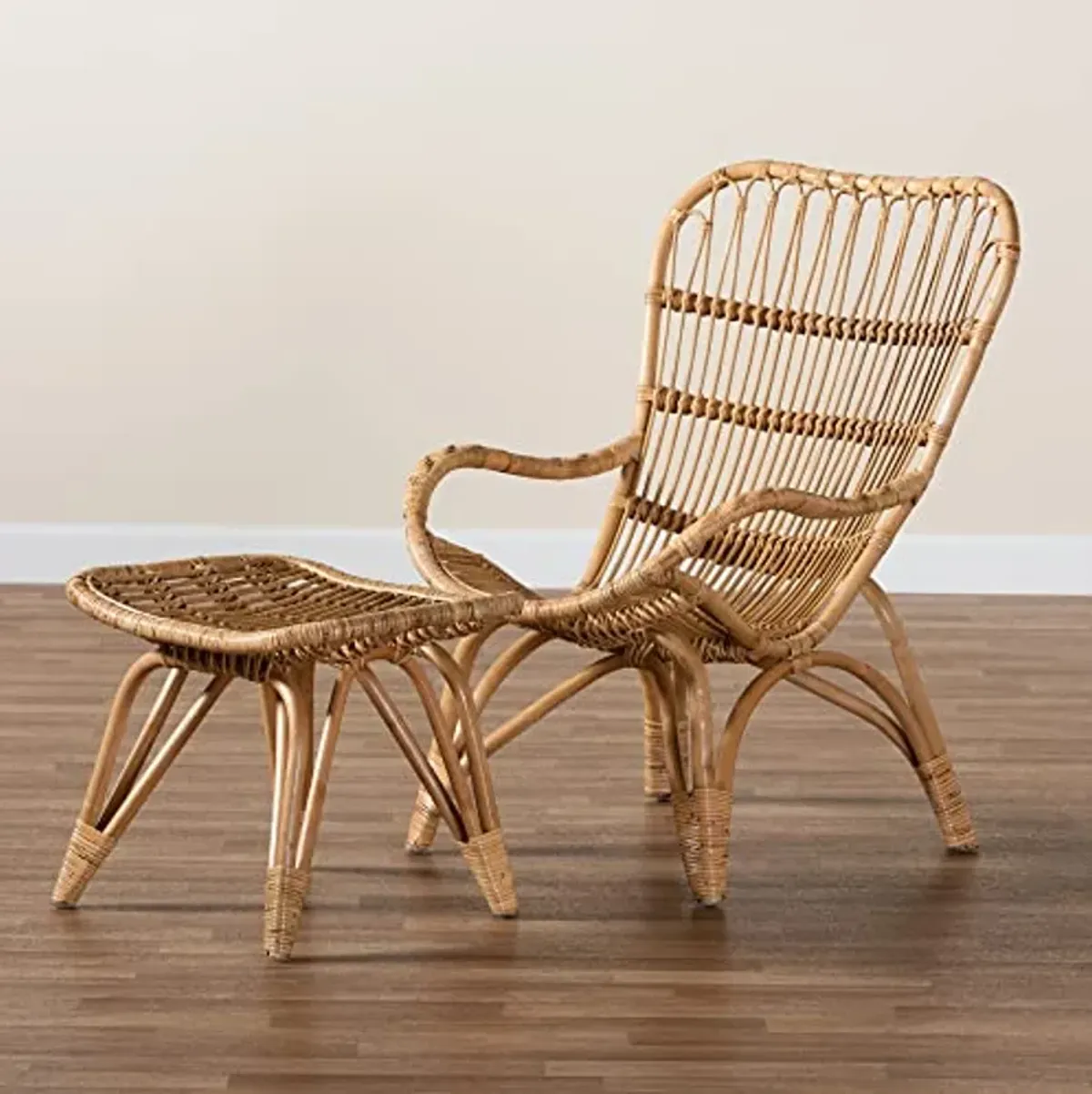 Baxton Studio Earvin Natural Rattan Chair and Footstool, 2-Piece Set