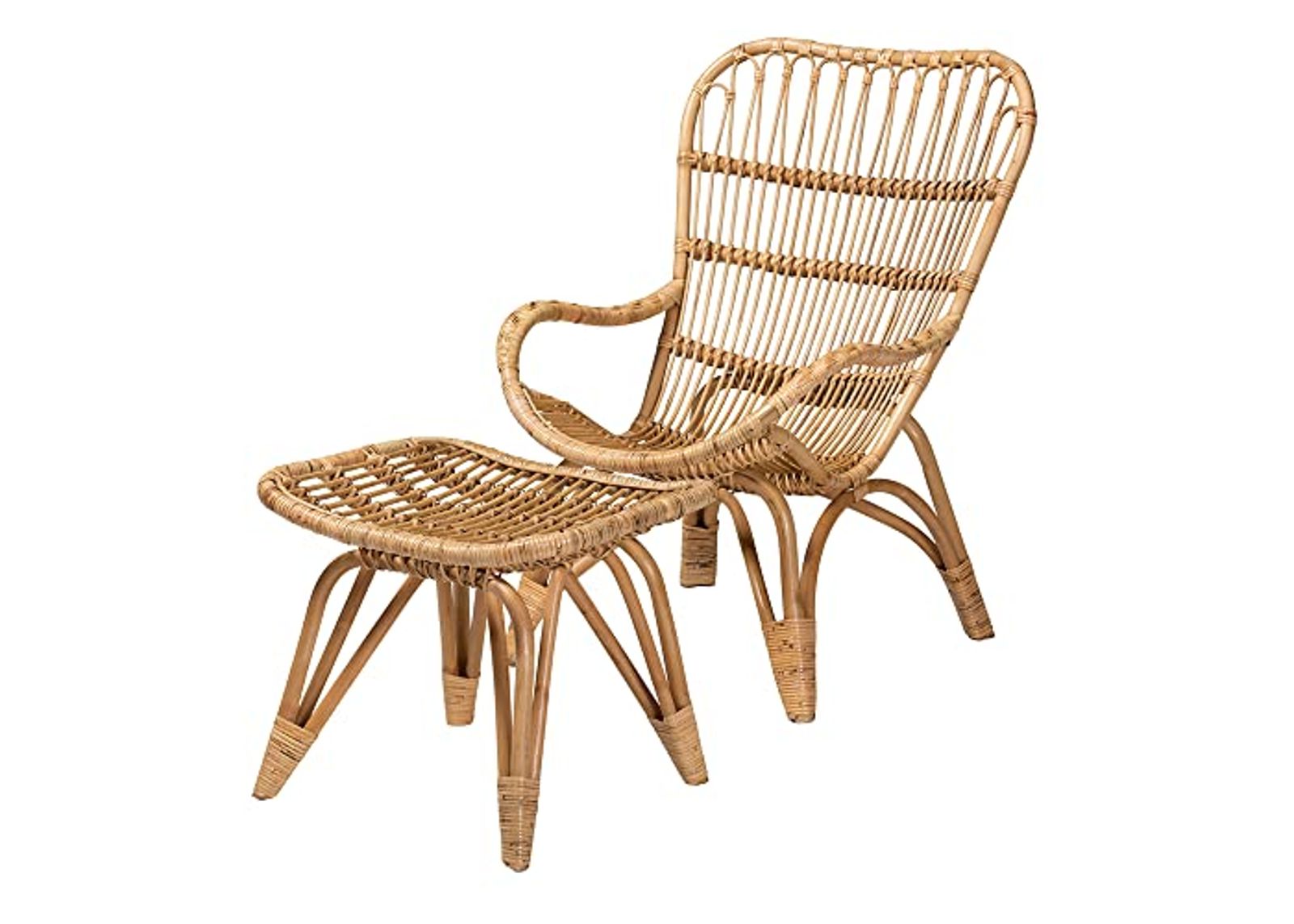 Baxton Studio Earvin Natural Rattan Chair and Footstool, 2-Piece Set