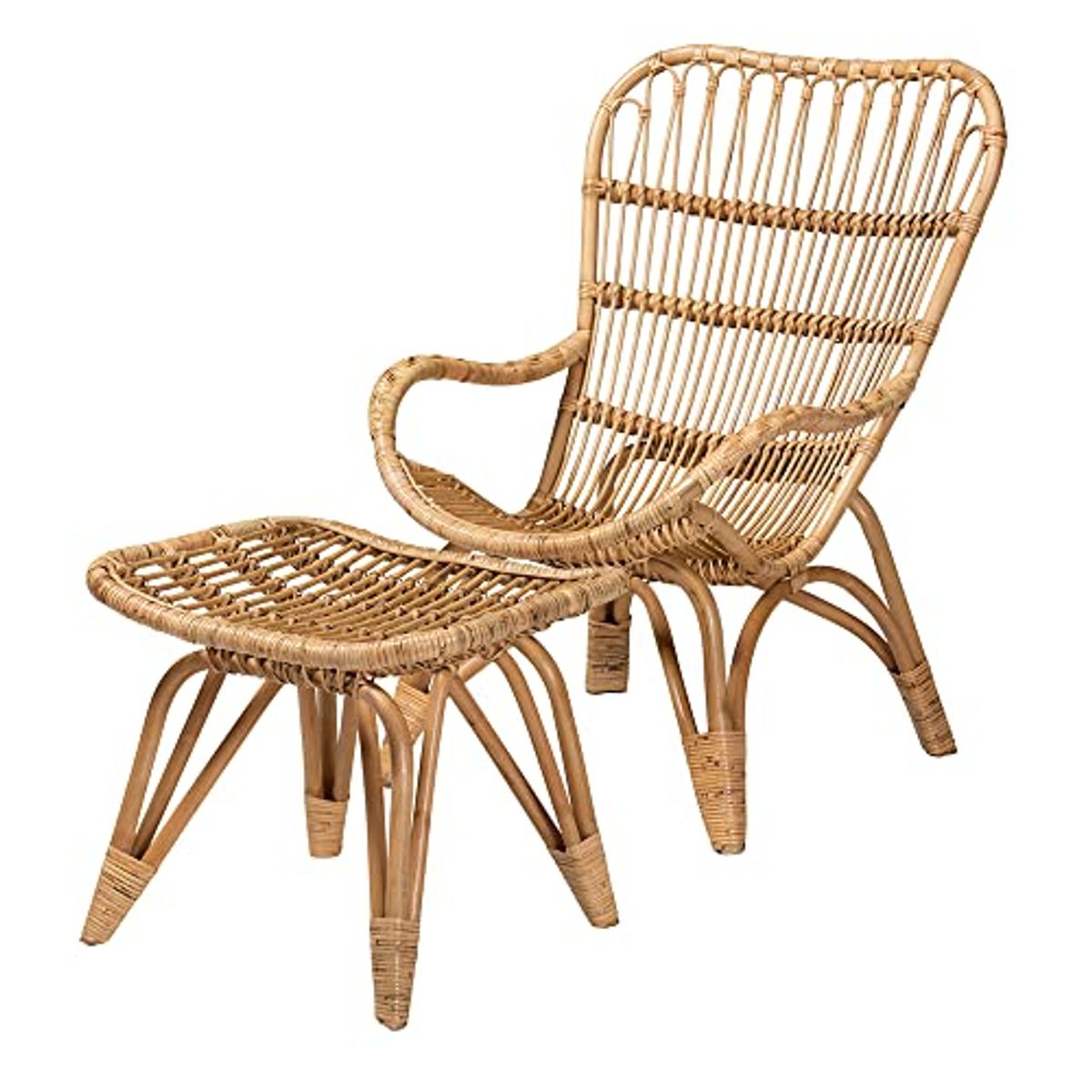 Baxton Studio Earvin Natural Rattan Chair and Footstool, 2-Piece Set