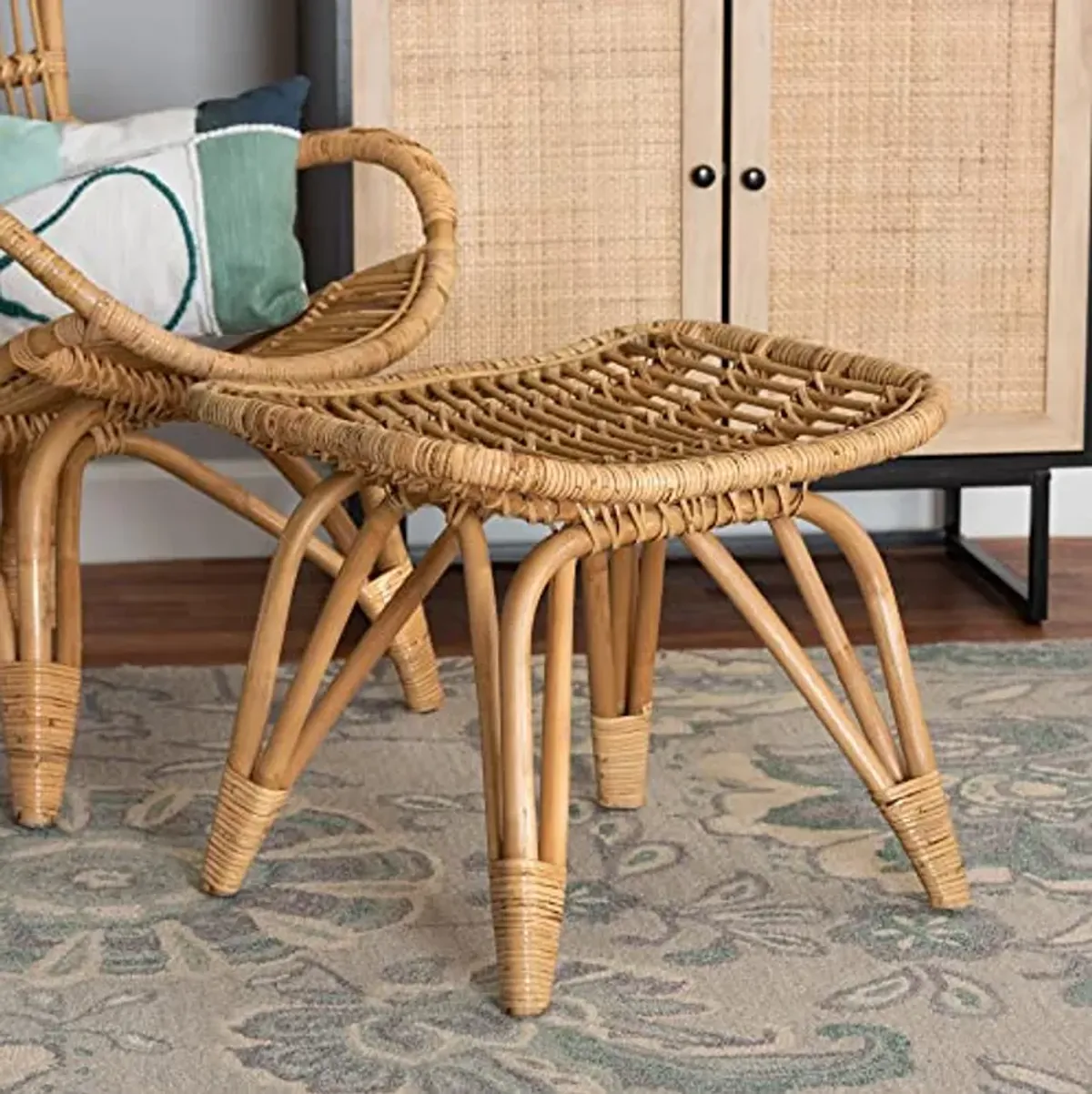 Baxton Studio Earvin Natural Rattan Footstool