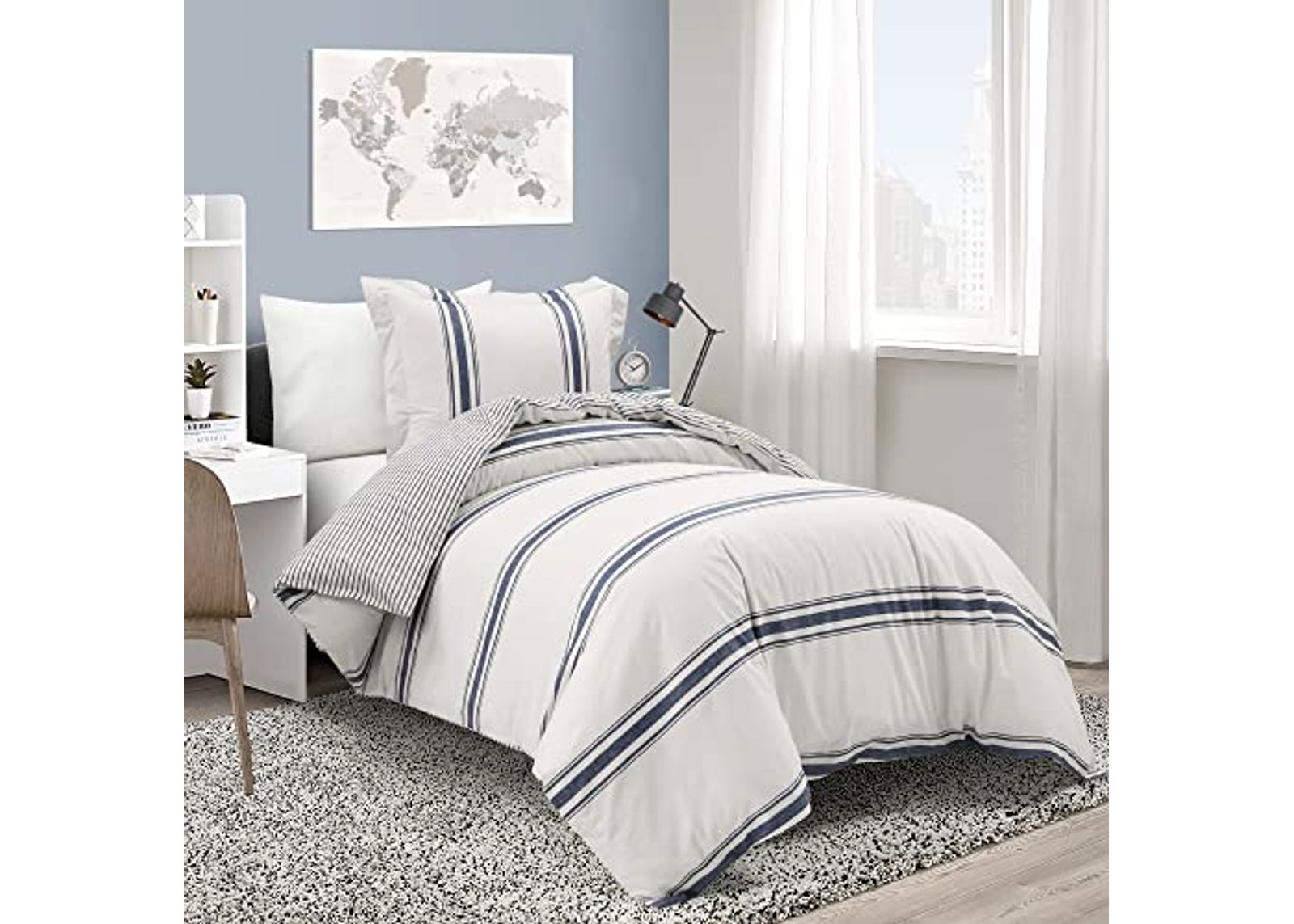 Lush Decor Farmhouse Stripe 3 Piece Duvet Cover Set, Twin-XL, Navy