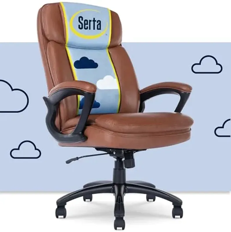 Serta Fairbanks Big & Tall Executive Office Chair, Ergonomic Comfy High-Back ComputerChairs with Lumbar Support, Semi-Plush Seat Cushion, Padded Armrests, Nylon Swivel Base, Bonded Leather, Cognac