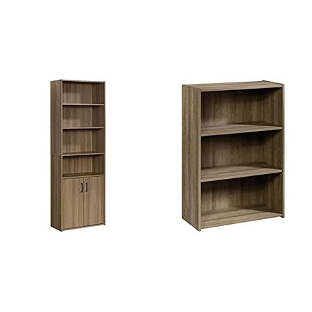 Sauder Beginnings Bookcase with Doors, L: 24.65" x W: 11.65" x H: 71.14", Summer Oak Finish & Beginnings 3-Shelf Bookcase, Summer Oak Finish