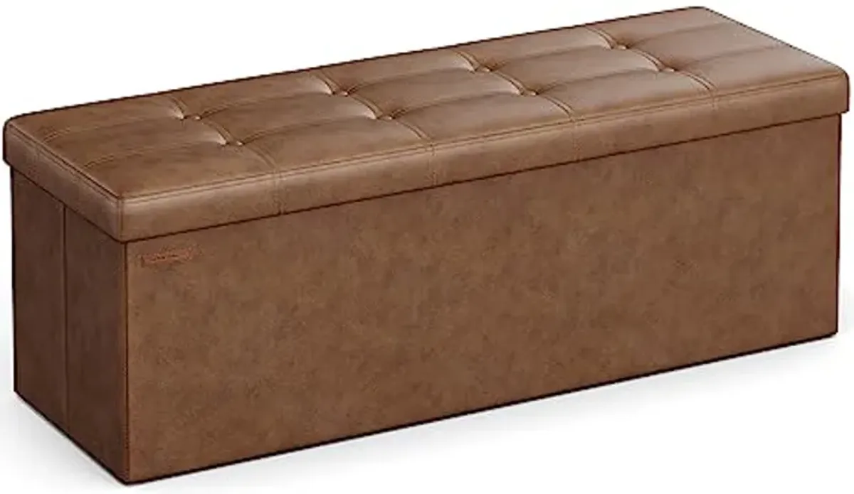 SONGMICS 43 Inches Folding Storage Ottoman Bench, Storage Chest, Footrest, Coffee Table, Padded Seat, Faux Leather, Holds up to 660 lb, Coffee Brown ULSF070K01