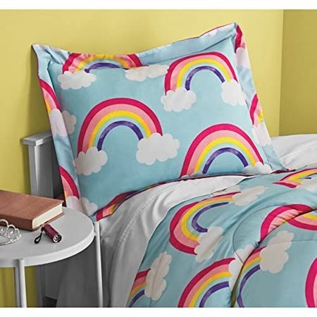 Heritage Kids Twin/Twin XL Glow in The Dark Rainbow Comforter 5 Piece Set with String Light and Flashlight, Blue