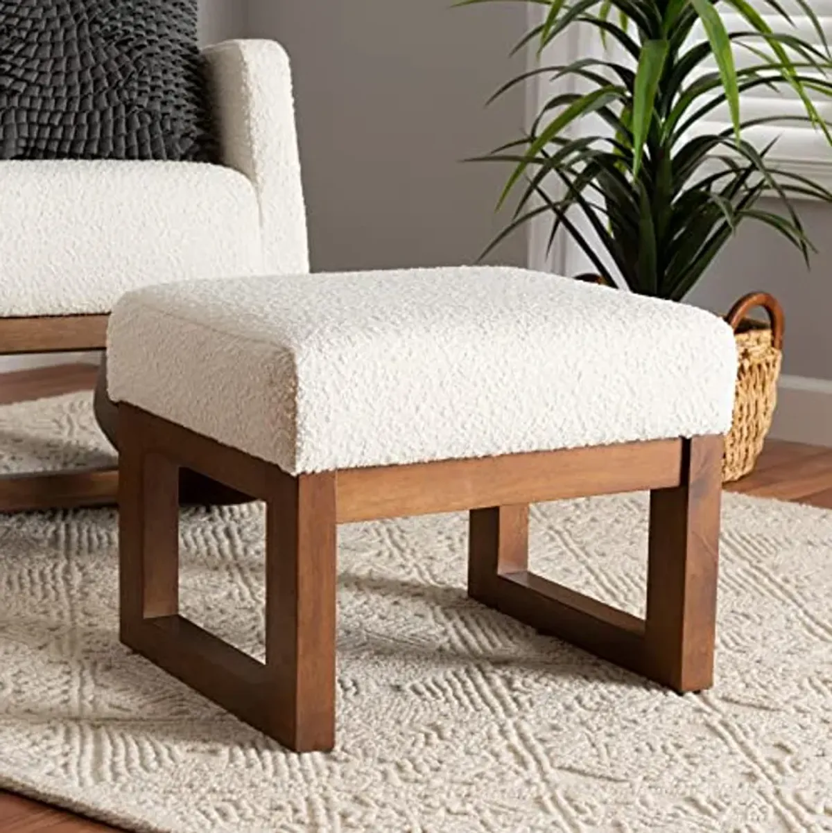 Baxton Studio Yashiya Footstool, One Size, Off-White/Walnut Brown