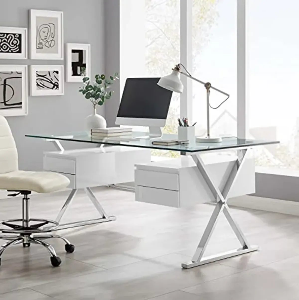 Modway EEI-6226-WHI Sector 71" Glass Top Glass Office Desk, White