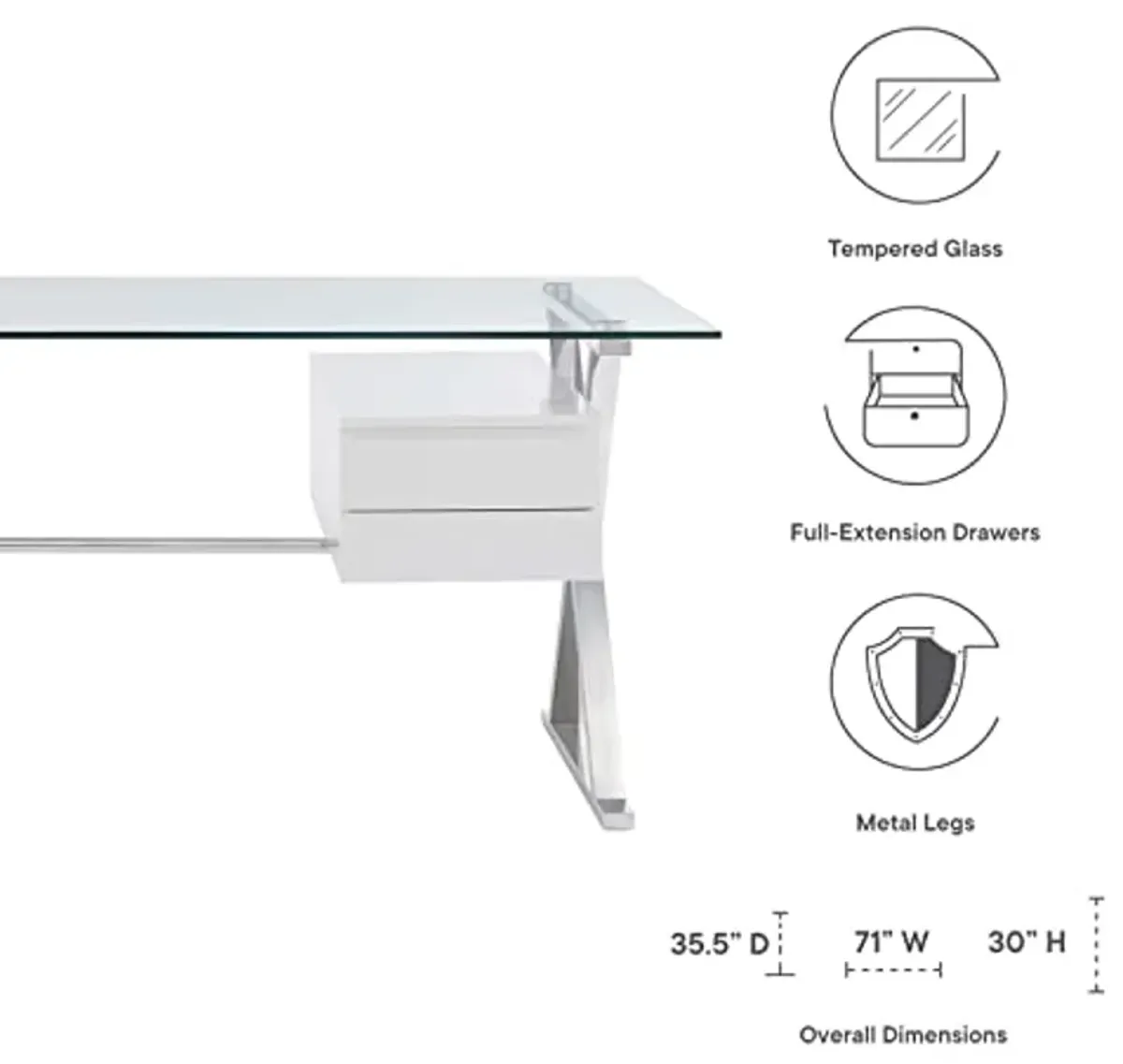 Modway EEI-6226-WHI Sector 71" Glass Top Glass Office Desk, White