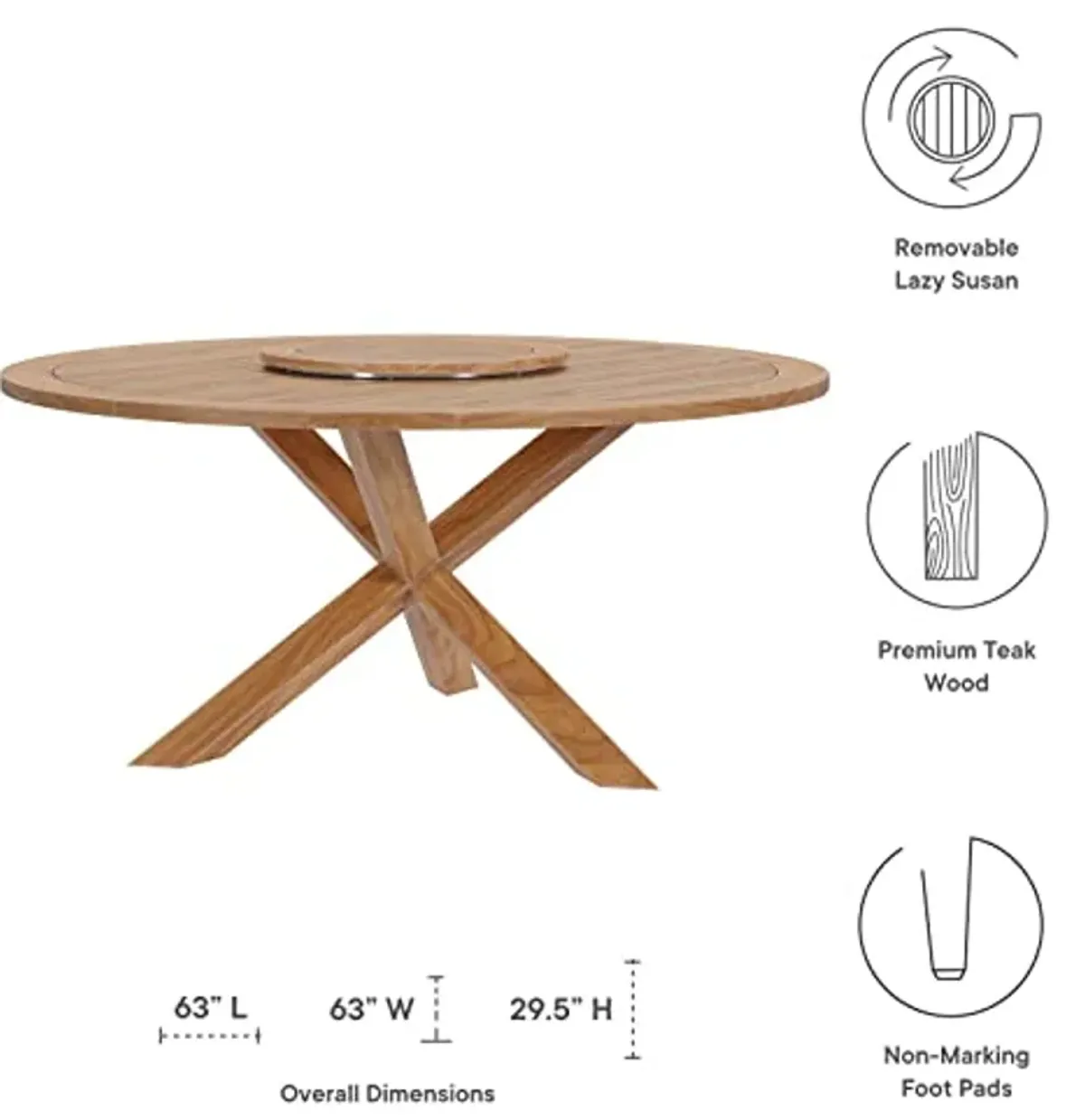 Modway Wellspring Outdoor Patio Round Teak Wood 63" Dining Table in Natural