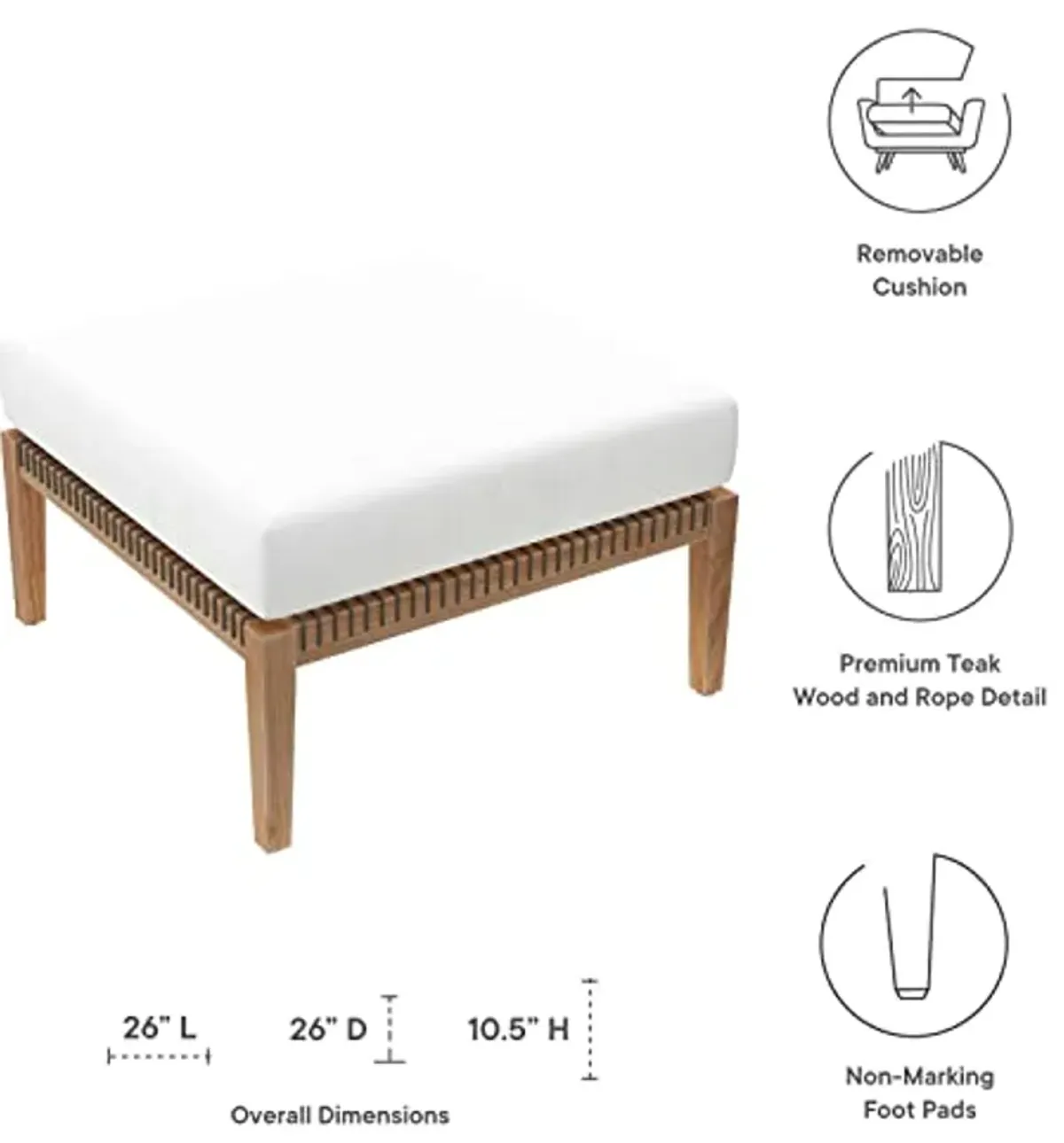 Modway Clearwater Outdoor Patio Teak Wood Ottoman in Gray White