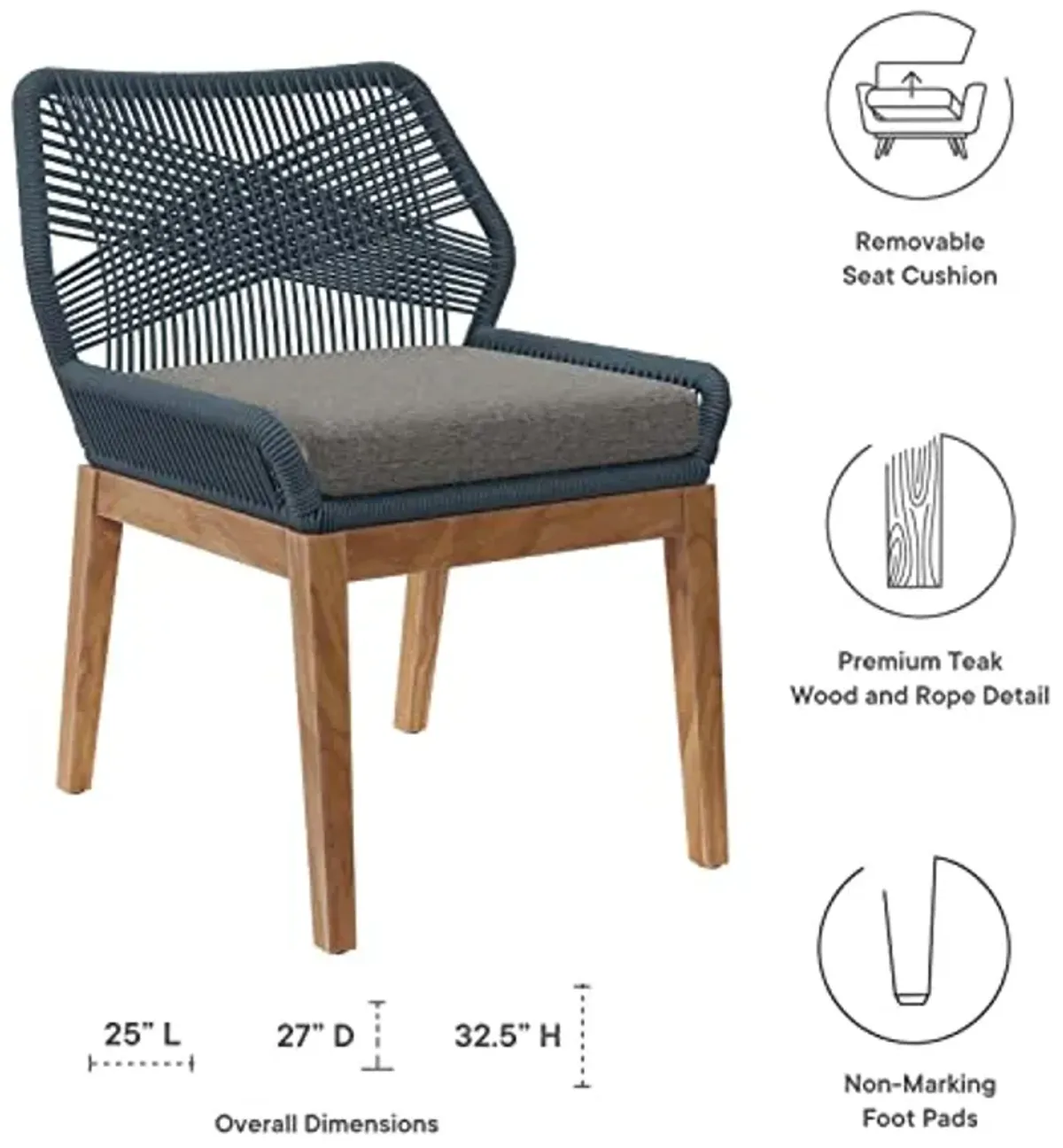 Modway Wellspring Outdoor Patio Teak and Woven Rope Dining Chair in Blue Graphite