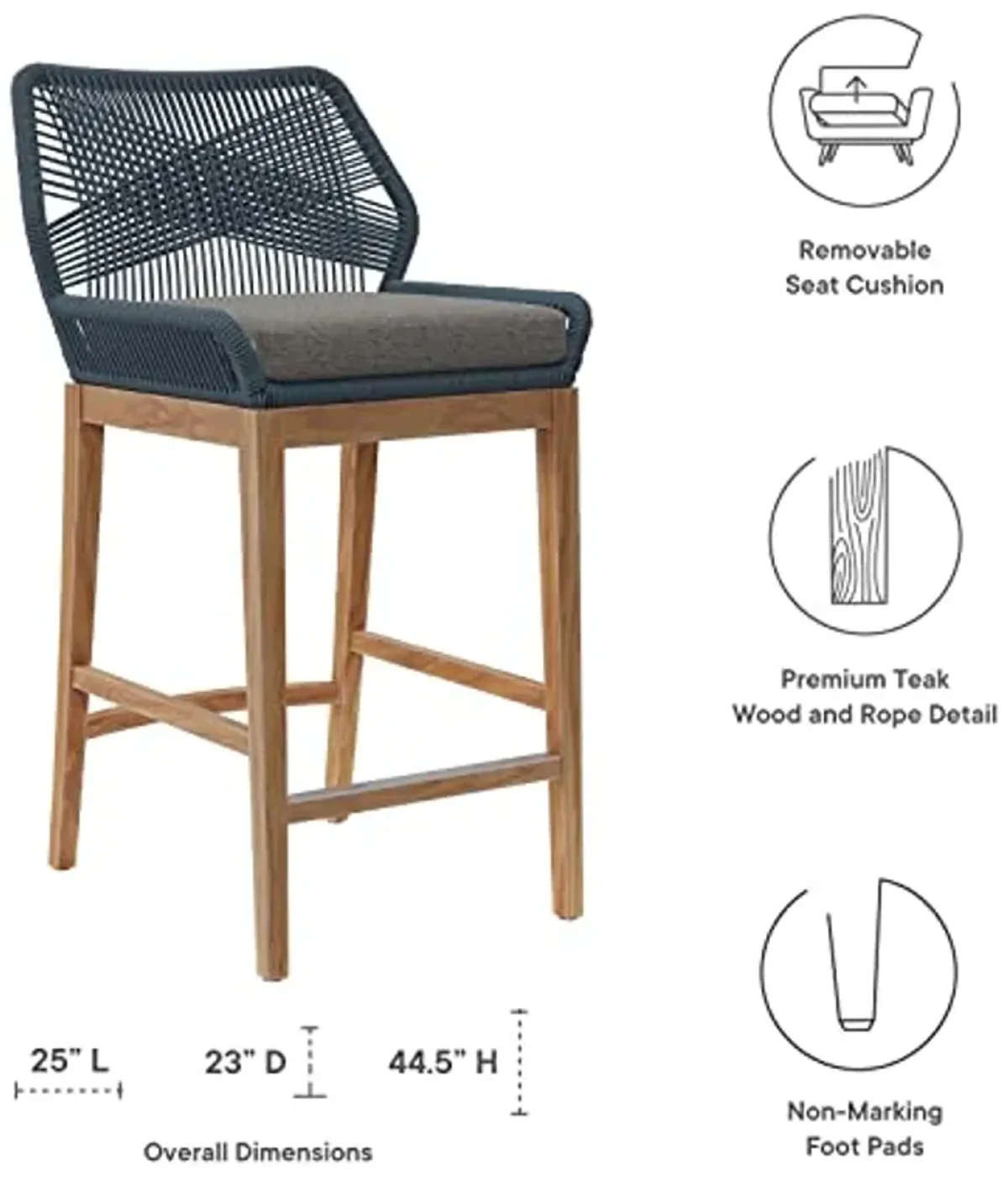 Modway Wellspring Outdoor Patio Teak and Woven Rope Bar Stool in Blue Graphite